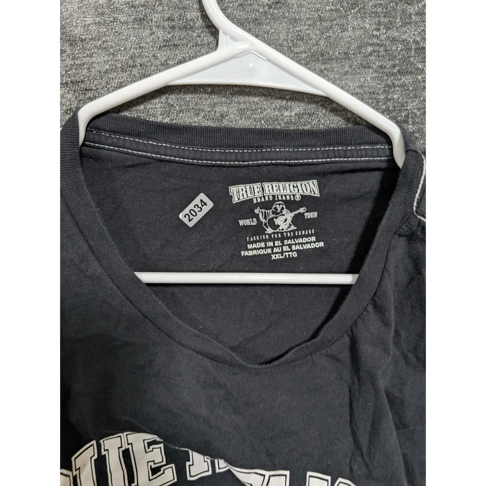 True Religion Mens Black Graphic T-Shirt 2002 Palm Tree Logo XXL Short Sleeve